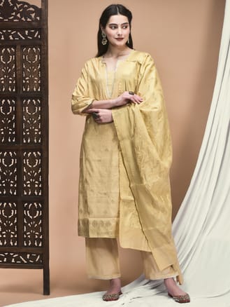 Women Jacquard Beige Woven Kurta Comfort Pant Dupatta