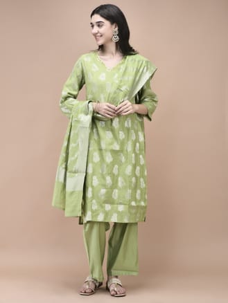 Women Cotton Jacquard Green Woven Kurta Comfort Pant Dupatta