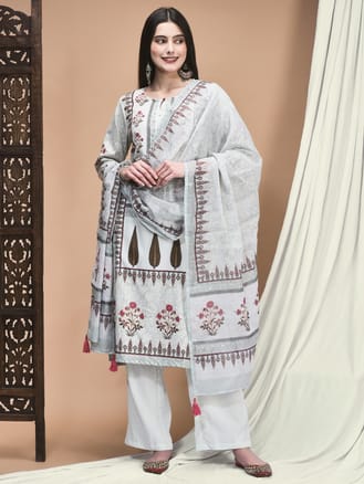 Women Linen Green Floral Print Kurta Comfort Pant Dupatta