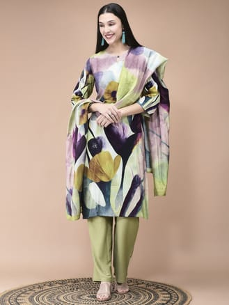 Women Liva Multicolor Abstract Print Kurta Comfort Pant Dupatta